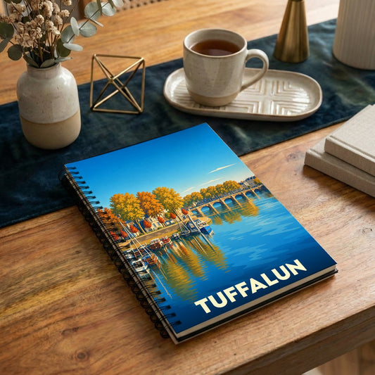 Carnet souvenir de la ville de Tuffalun avec une illustration stylisée de ses quais et de son pont.