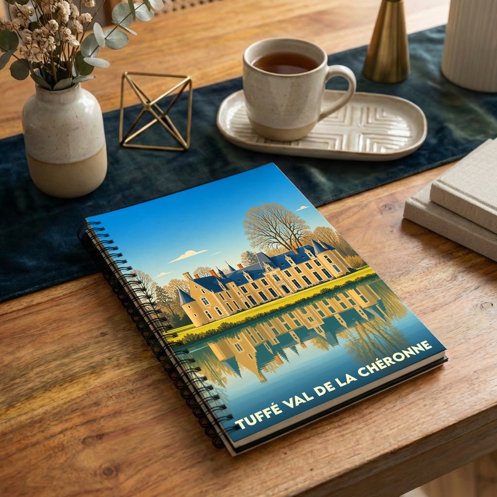 Carnet souvenir de la ville de Tuffé Val de la Chéronne avec une illustration stylisée de son château se reflétant dans l'eau.