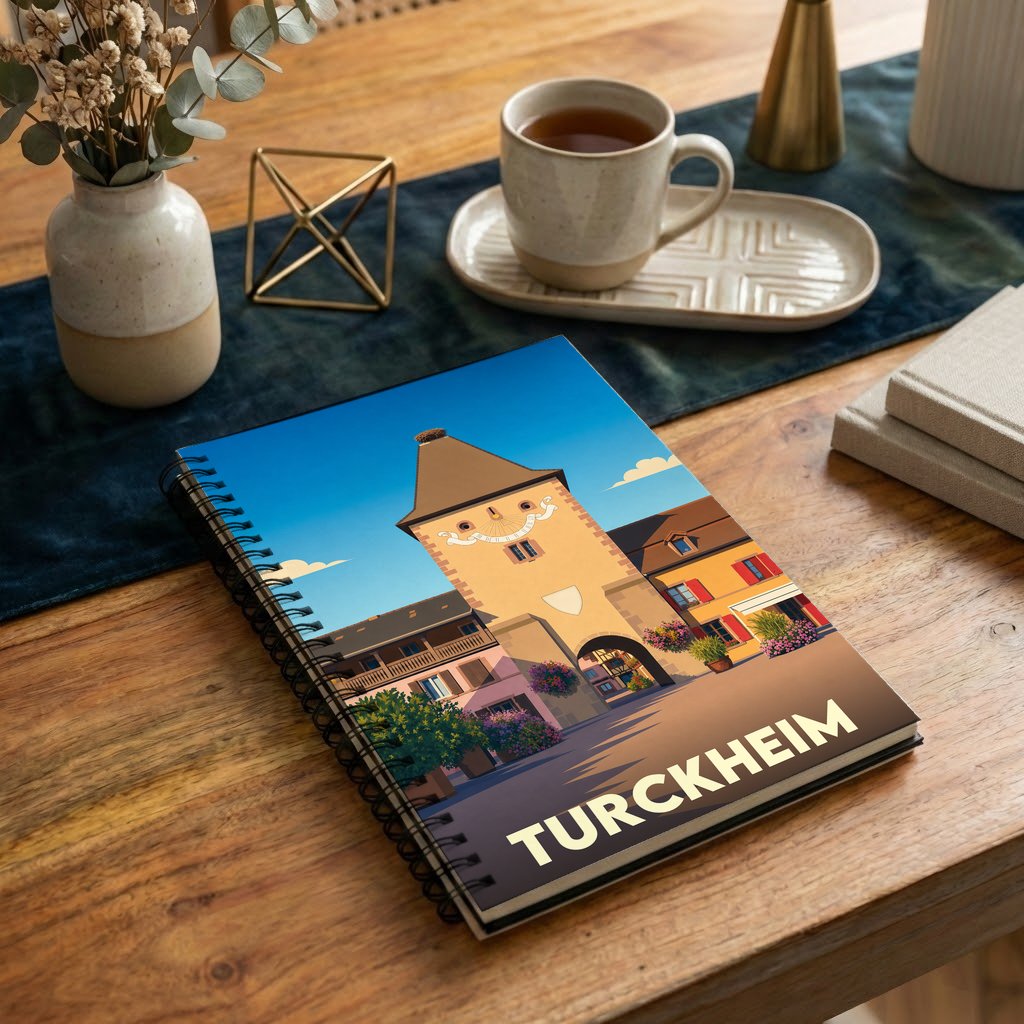 Carnet de notes souvenir de la ville de Turckheim illustré d'un dessin stylisé de sa porte historique.