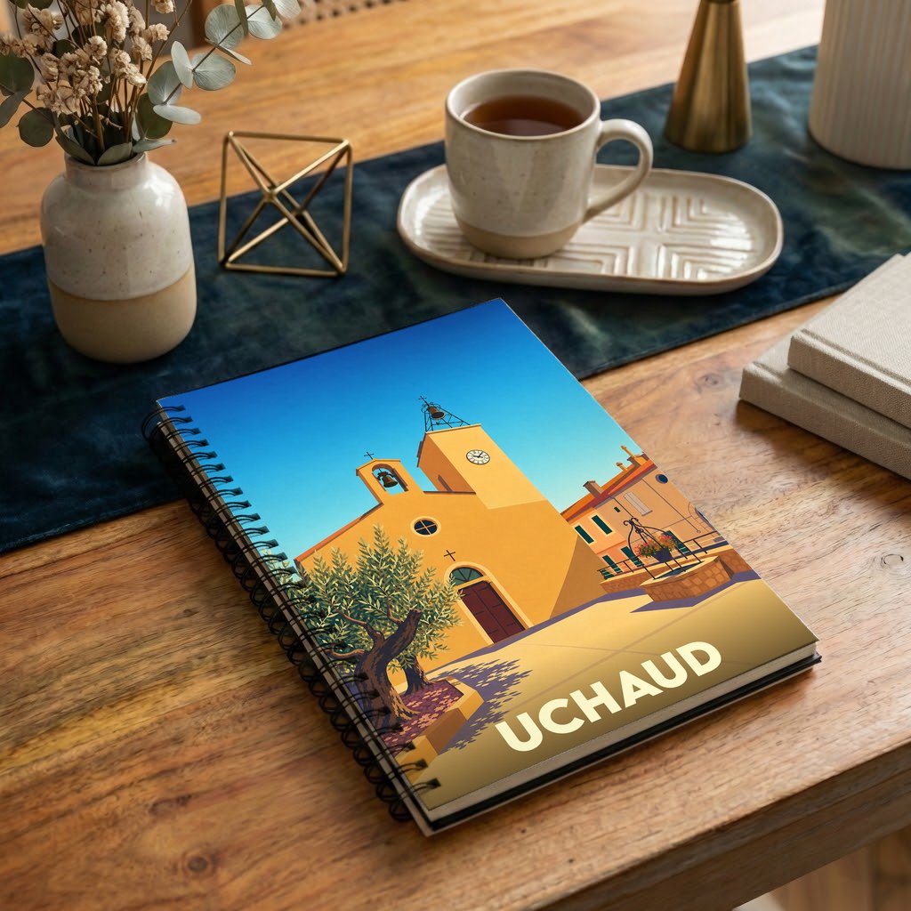 Carnet à spirales souvenir de la ville d'Uchaud avec une illustration stylisée de son église sous un ciel bleu.