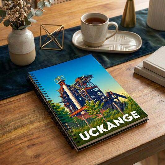 Carnet à spirales souvenir de la ville d'Uckange avec une illustration stylisée de son patrimoine industriel.