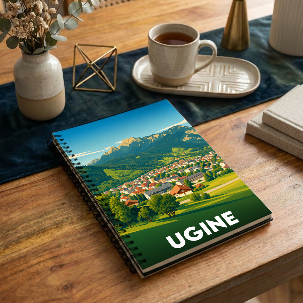 Carnet à spirales souvenir de la ville d'Ugine avec une illustration stylisée de ses paysages montagneux.