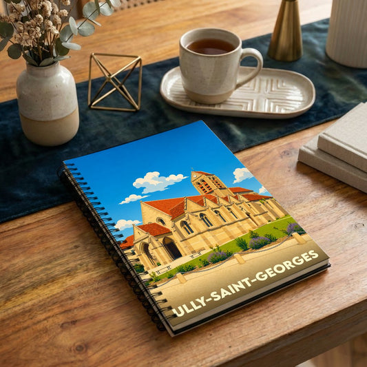 Carnet à spirales souvenir de la ville d'Ully-Saint-Georges avec une illustration stylisée de son église.