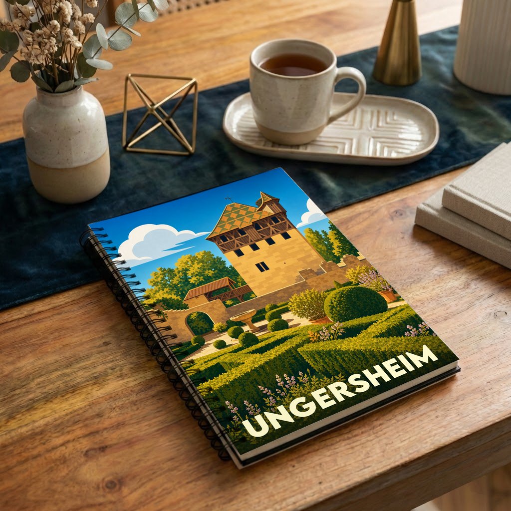 Carnet à spirales souvenir de la ville de Ungersheim avec une illustration stylisée de son patrimoine architectural et de ses jardins.