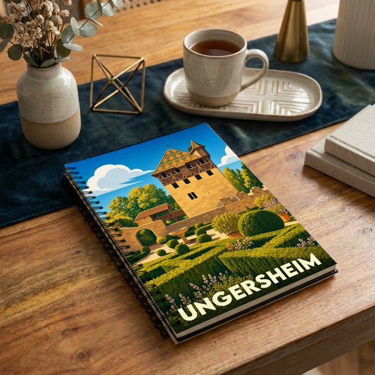 Carnet à spirales souvenir de la ville de Ungersheim avec une illustration stylisée de son patrimoine architectural et de ses jardins.