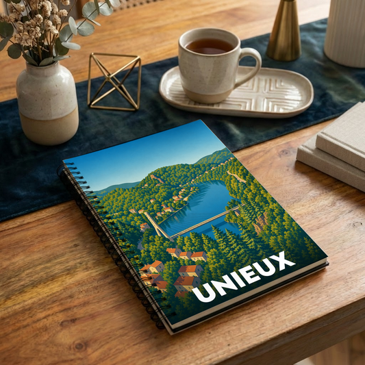 Carnet à spirales souvenir de la ville de Unieux avec une illustration stylisée d'un paysage de lac et de montagnes.