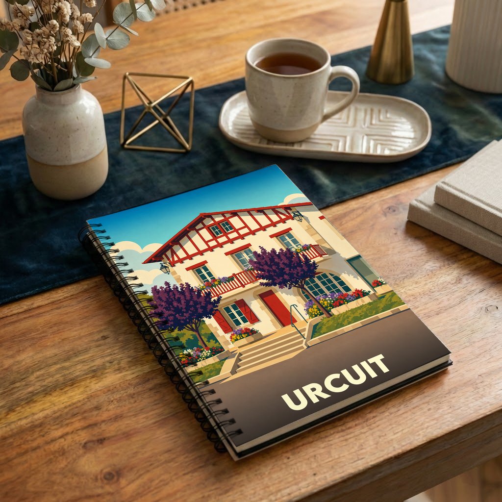 Carnet de notes à spirales souvenir de la ville d'Urcuit avec une illustration stylisée d'une maison basque traditionnelle.
