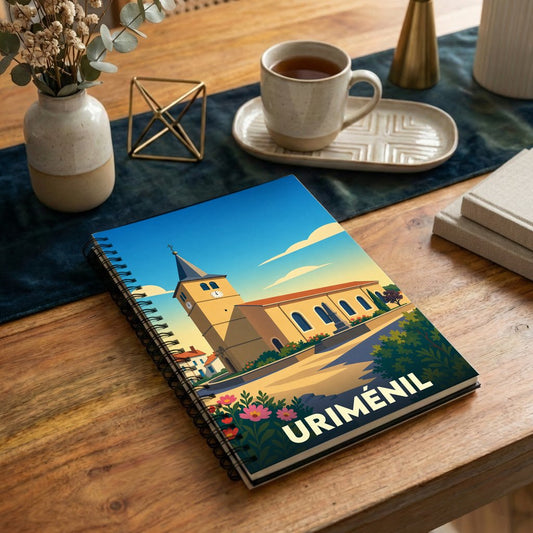 Carnet de notes souvenir de la ville de Uriménil avec une illustration stylisée de son église.