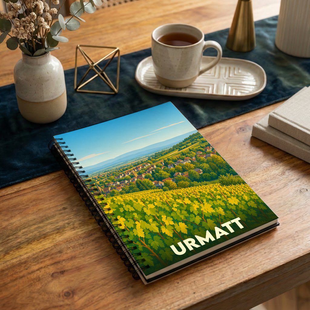 Carnet à spirales souvenir de la ville de Urmatt avec une illustration stylisée de vignobles et de paysages alsaciens.