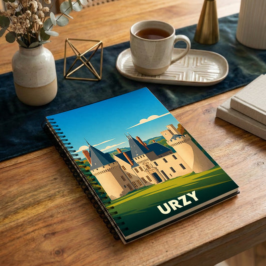 Carnet souvenir de la ville de Urzy avec une illustration stylisée d'un château.
