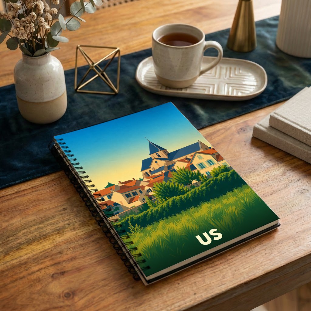 Carnet souvenir de la ville de Us avec une illustration stylisée.