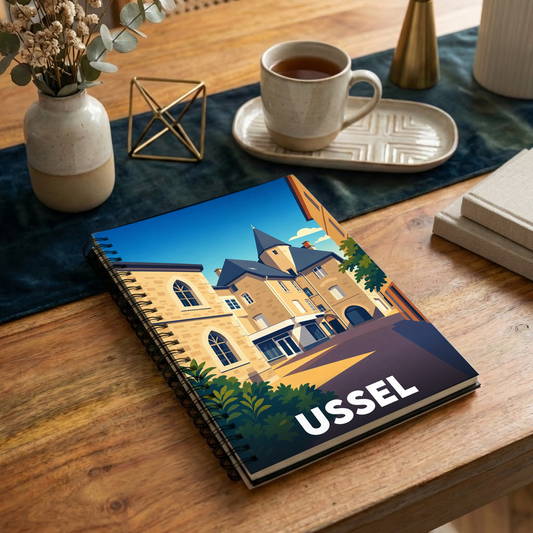 Carnet souvenir de la ville d'Ussel avec une illustration stylisée de son architecture historique.