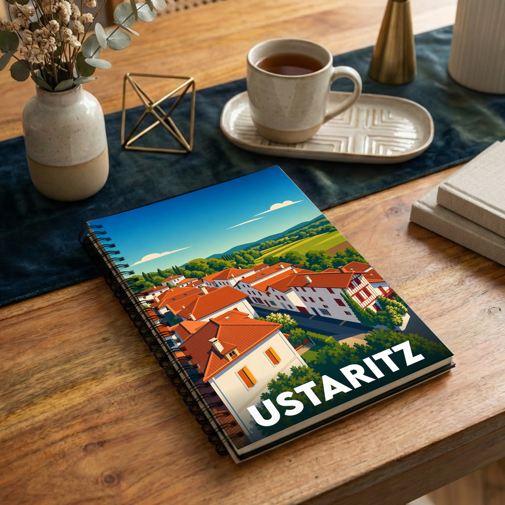 Carnet de notes souvenir de la ville d'Ustaritz orné d'une illustration stylisée de ses maisons traditionnelles.