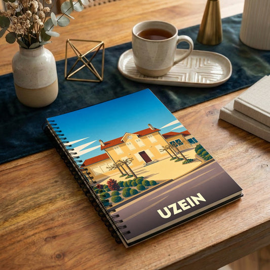 Carnet souvenir de la ville d'Uzein avec une illustration stylisée de sa mairie.