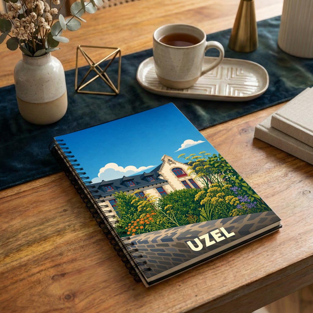 Carnet souvenir de la ville d'Uzel avec une illustration stylisée et colorée de son architecture.
