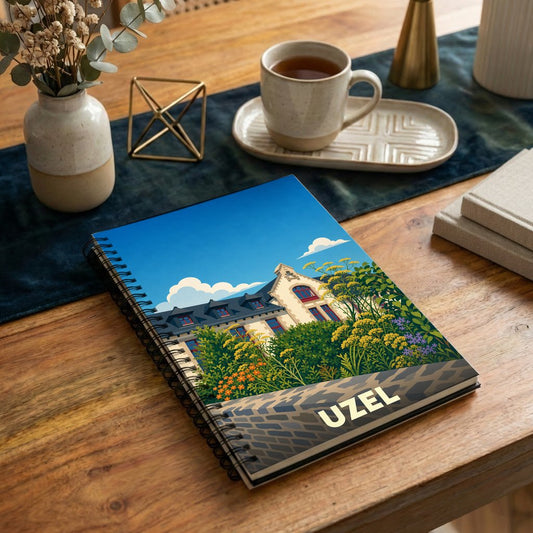 Carnet souvenir de la ville d'Uzel avec une illustration stylisée et colorée de son architecture.