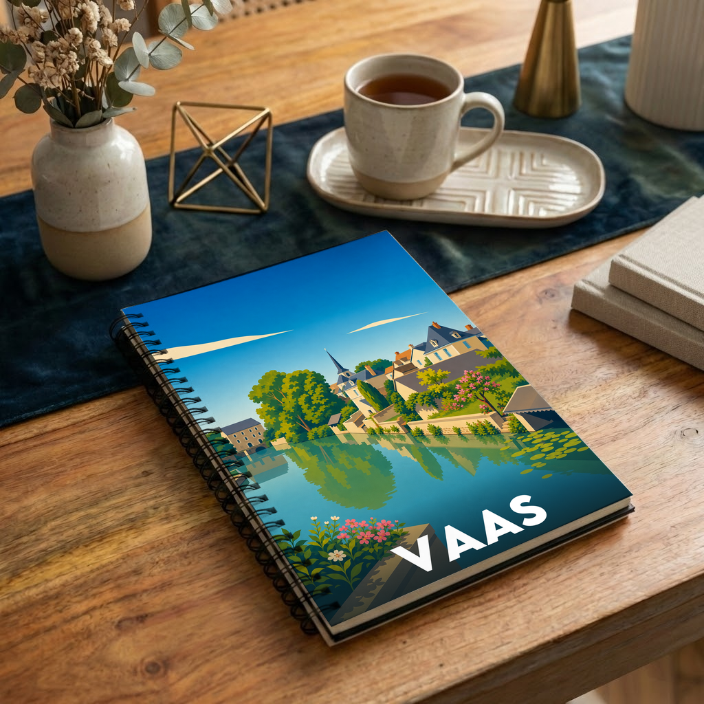Carnet souvenir de la ville de Vaas avec une illustration stylisée de son paysage au bord de l'eau.