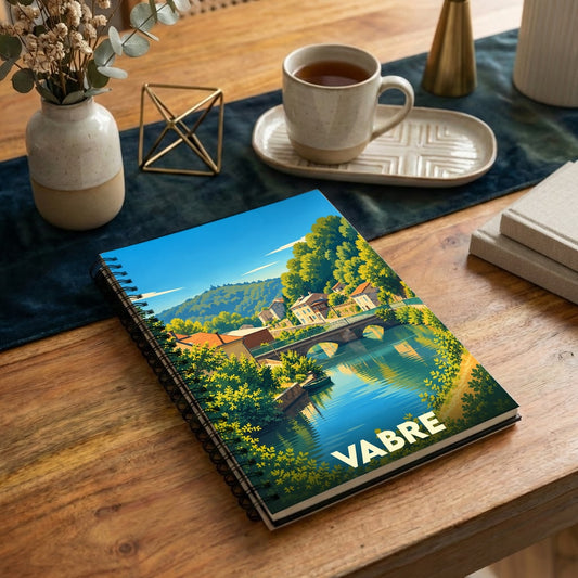 Carnet à spirales souvenir de la ville de Vabre avec une illustration stylisée d'un pont enjambant une rivière.