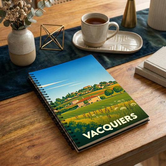 Carnet souvenir de la ville de Vacquiers avec une illustration stylisée de son paysage rural.