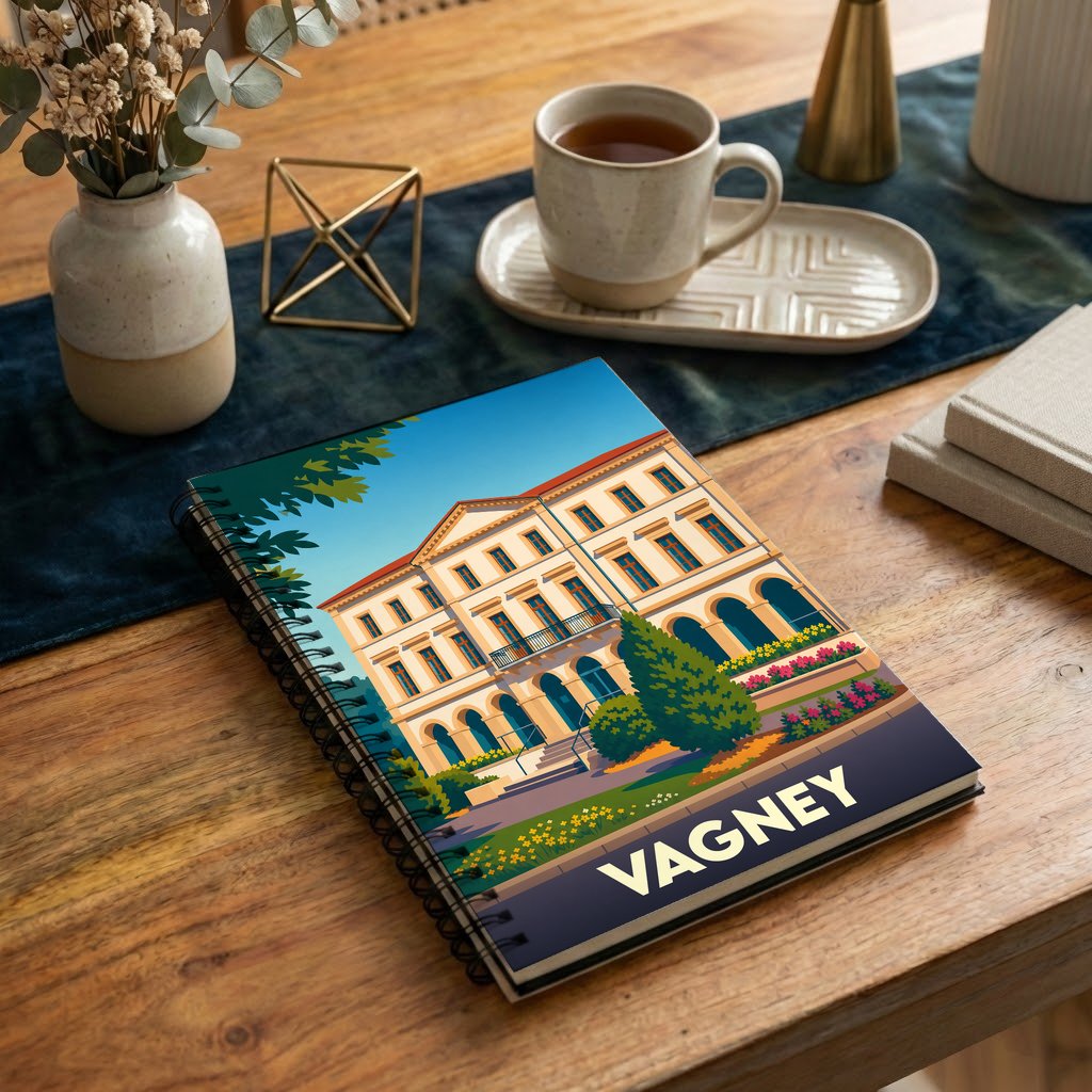 Carnet à spirales souvenir de la ville de Vagney avec une illustration stylisée de sa mairie.