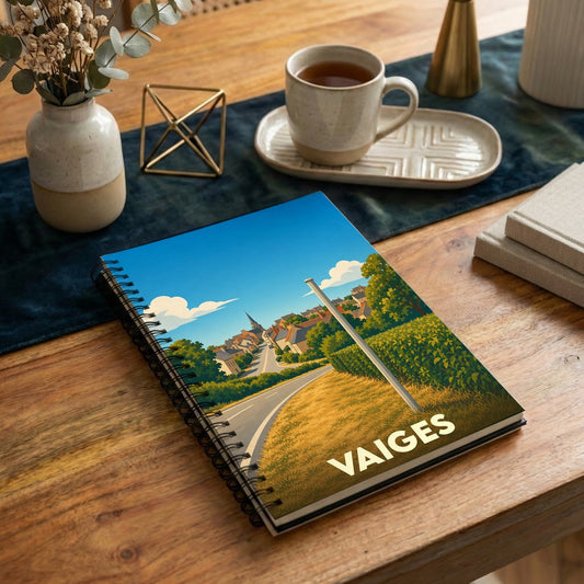 Carnet à spirales souvenir de la ville de Vaiges avec une illustration stylisée de son paysage urbain.