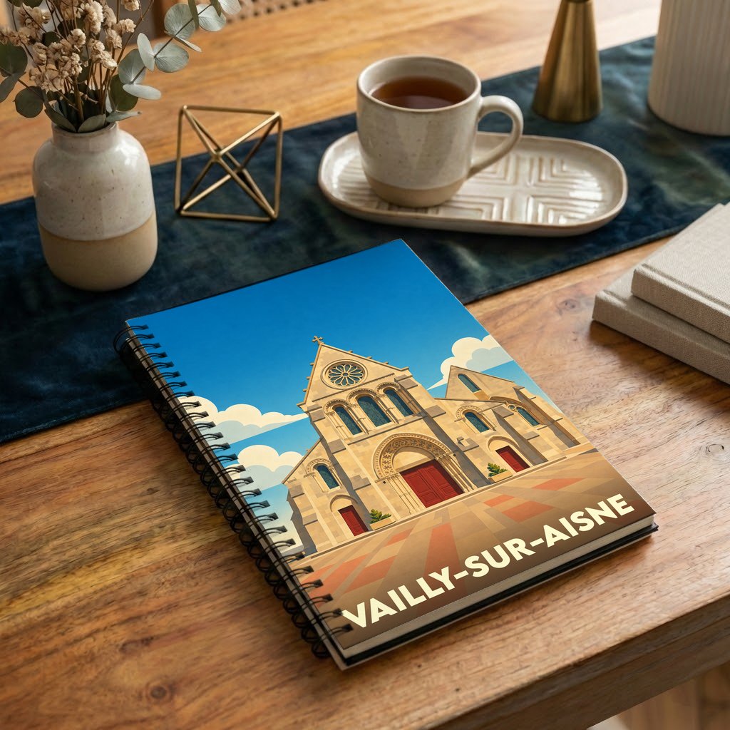 Carnet souvenir de la ville de Vailly-sur-Aisne avec une illustration stylisée de son église.