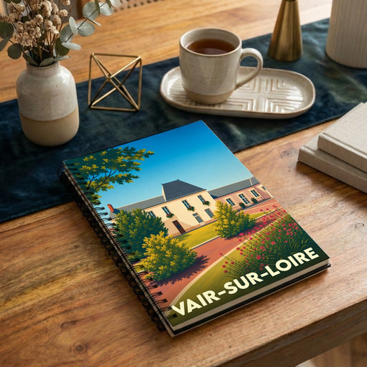 Carnet à spirale souvenir de la ville de Vair-sur-Loire avec une illustration stylisée d'un domaine fleuri.