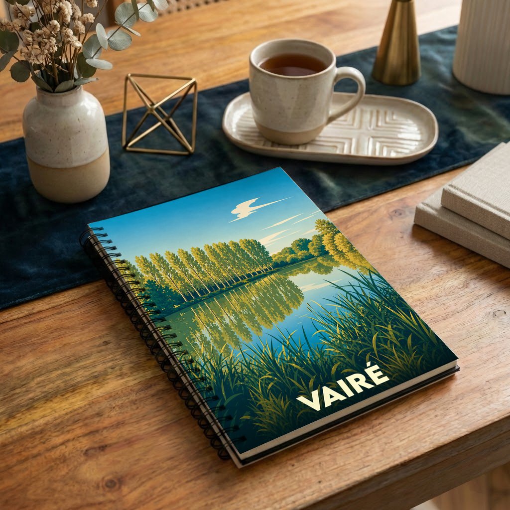 Carnet à spirales souvenir de la ville de Vairé avec une illustration stylisée d'un paysage lacustre.