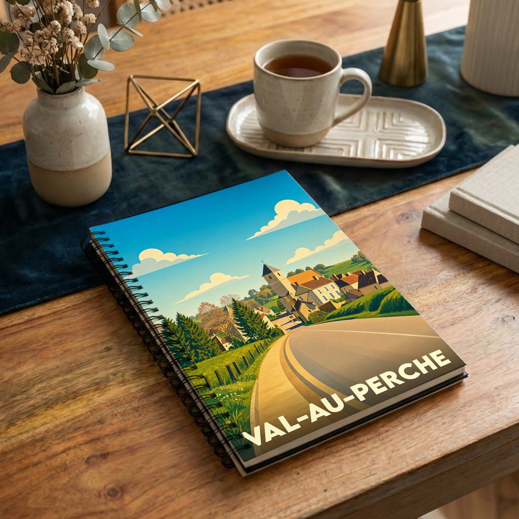 Carnet souvenir de la ville de Val-au-Perche avec une illustration stylisée de son paysage champêtre.