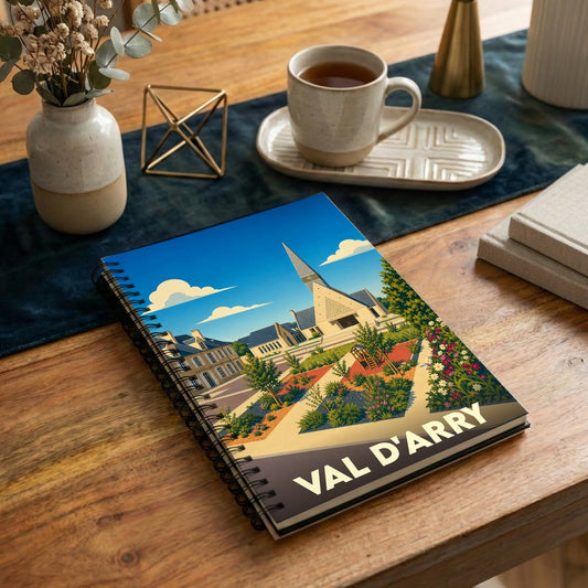 Carnet à spirales souvenir de la ville de Val d'Arry avec une illustration stylisée d'un paysage urbain.