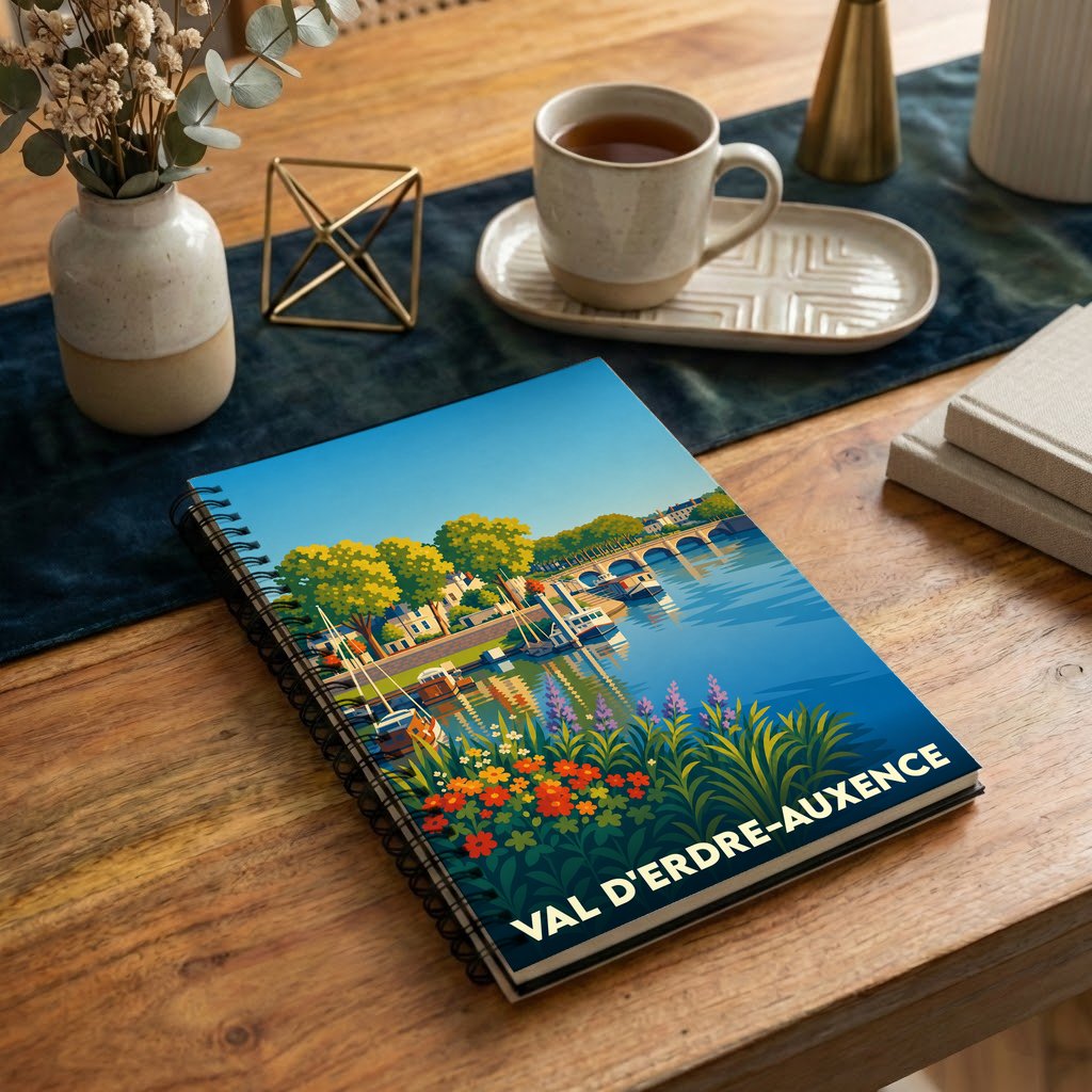 Carnet souvenir de la ville de Val d'Erdre-Auxence avec une illustration stylisée et colorée de ses bords de l'Erdre.