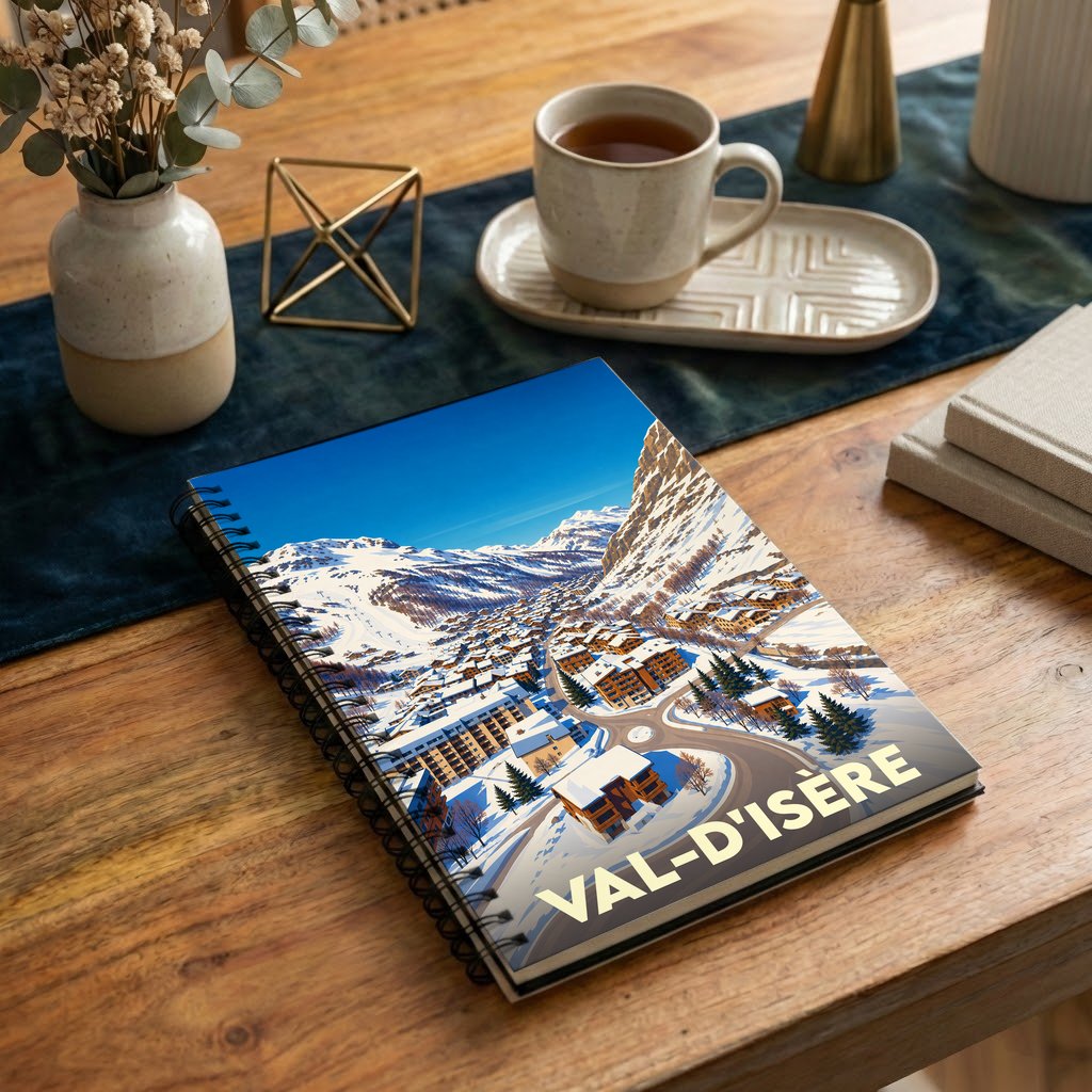 Carnet à spirales souvenir de la ville de Val-d'Isère avec une illustration stylisée d'un paysage de montagne enneigé.