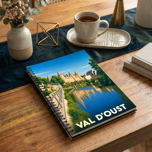 Carnet de notes souvenir de Val d'Oust avec une illustration stylisée d'un château au bord de l'eau.
