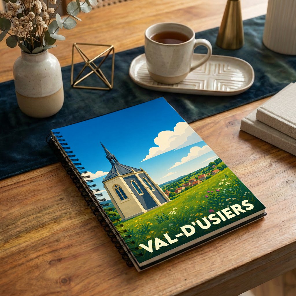 Carnet à spirales souvenir de Val-d'Usiers illustré d'une chapelle stylisée dans un paysage verdoyant.