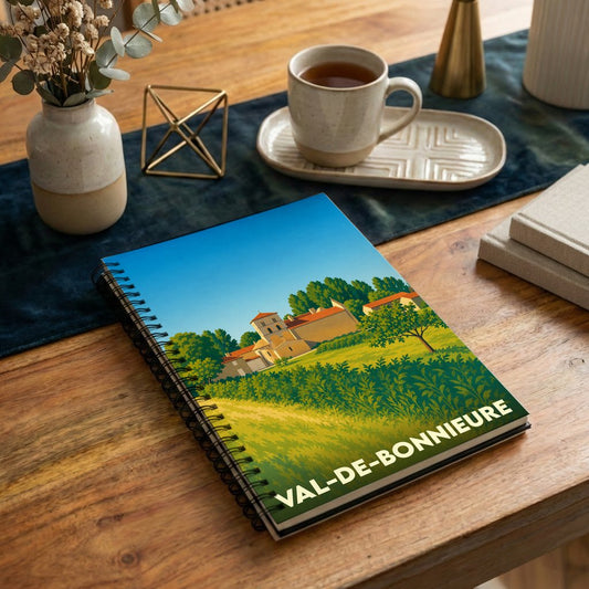 Carnet à spirales souvenir de la ville de Val-de-Bonnieure avec une illustration stylisée de son paysage rural.