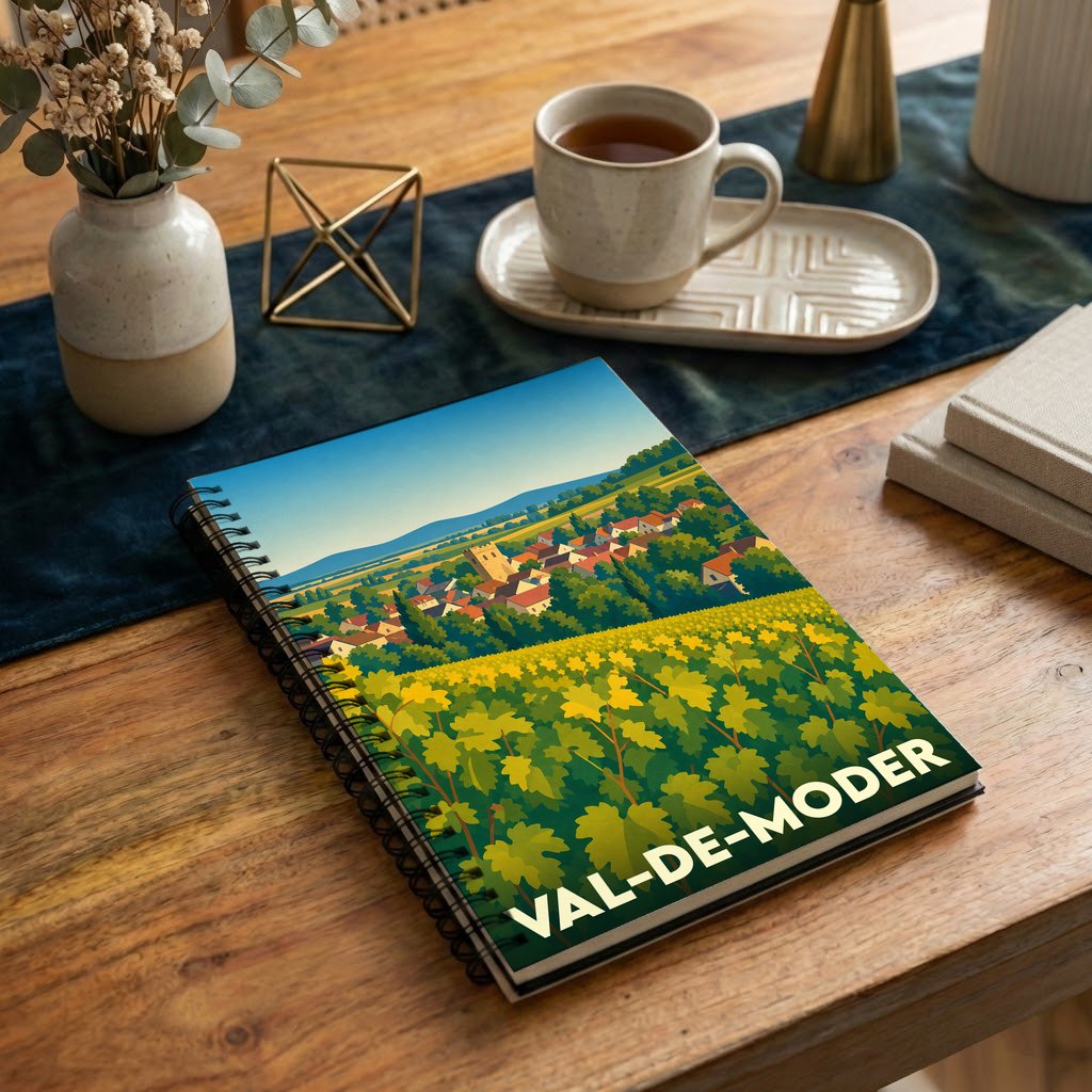 Carnet souvenir de la ville de Val-de-Moder avec une illustration stylisée d'un paysage de vignobles et de village.
