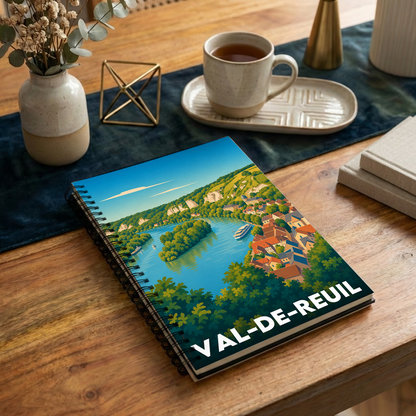 Carnet souvenir de la ville de Val-de-Reuil avec une illustration stylisée.