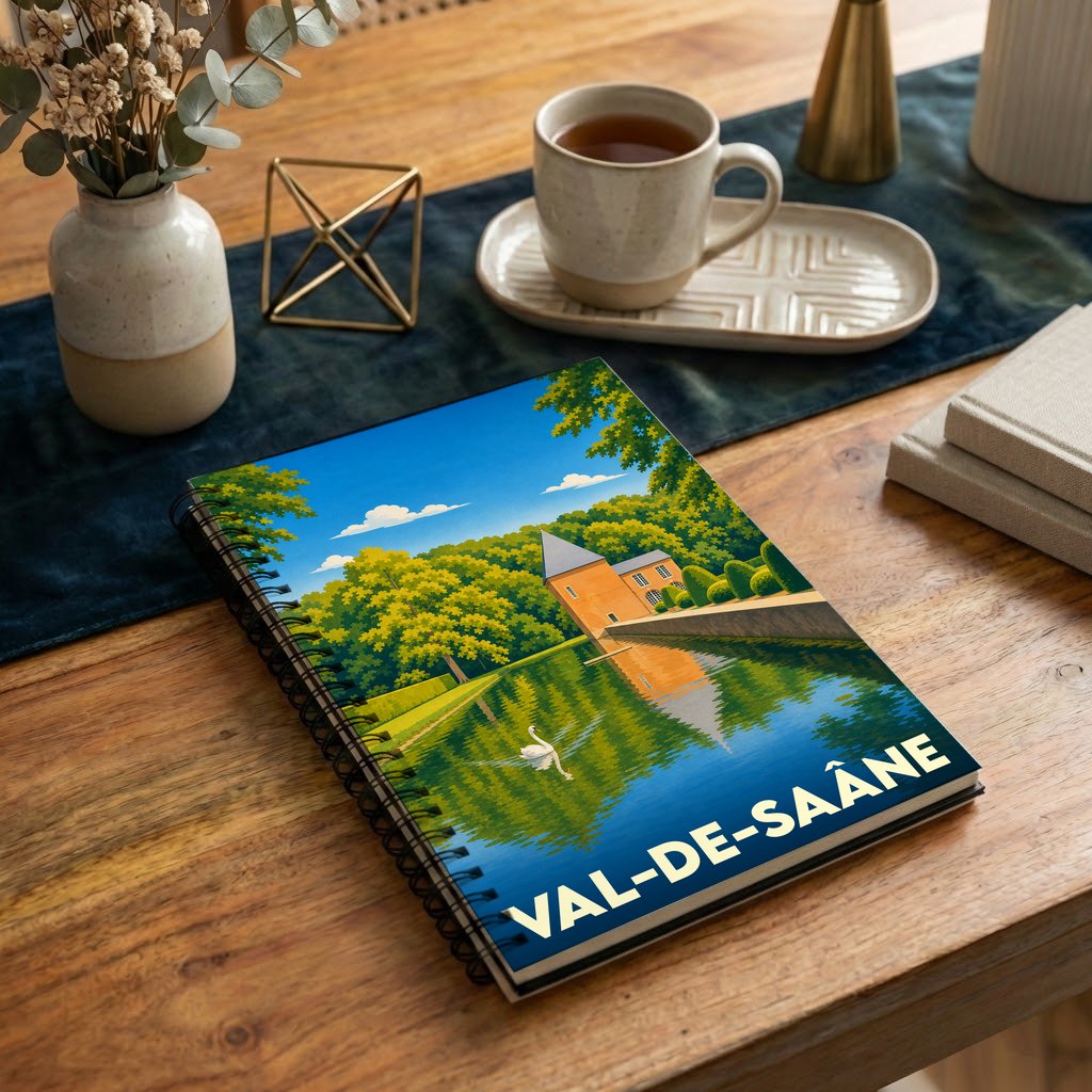 Carnet de notes à spirales souvenir de la ville de Val-de-Saâne avec une illustration stylisée.