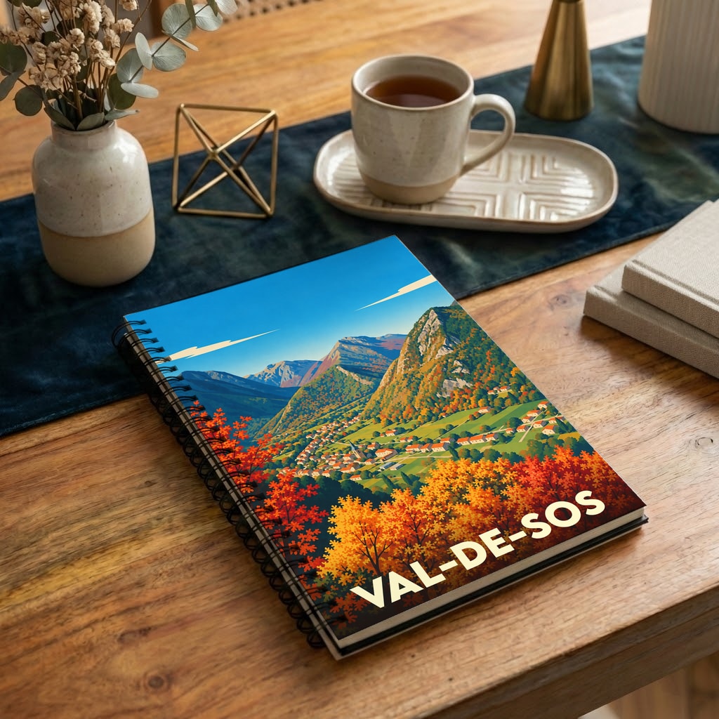 Carnet à spirale souvenir de la ville de Val-de-Sos avec une illustration de paysages montagneux en automne.