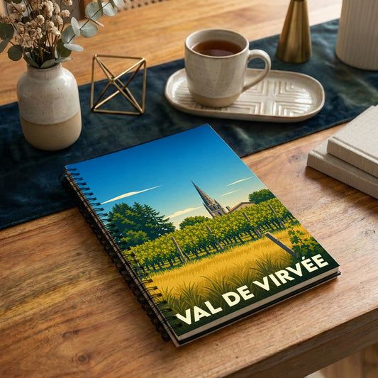 Carnet à spirales souvenir de la ville de Val de Virvée illustré par un paysage de vignobles stylisé.
