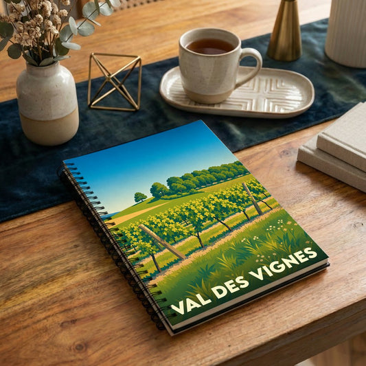 Carnet à spirales souvenir de Val des Vignes avec une illustration stylisée de vignoble.