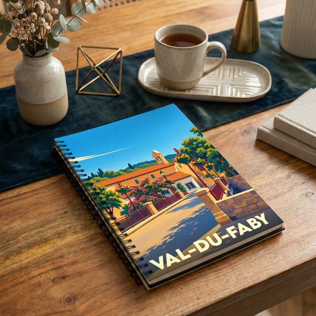 Carnet à spirale souvenir de la ville de Val-du-Faby avec une illustration stylisée d'un village ensoleillé.