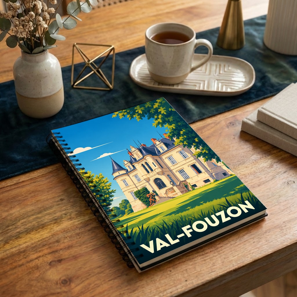 Carnet à spirales souvenir de la ville de Val-Fouzon avec une illustration stylisée d'un château.