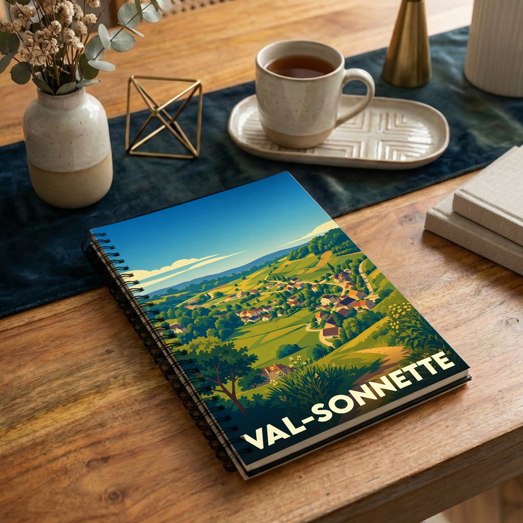 Carnet à spirales souvenir de la ville de Val-Sonnette avec une illustration paysagère stylisée.
