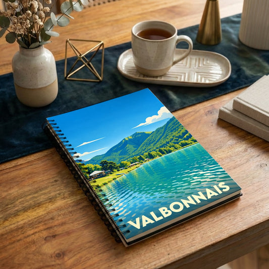 Carnet souvenir de la ville de Valbonnais avec une illustration stylisée de son lac et des montagnes.