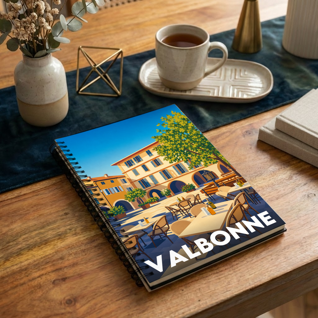 Carnet souvenir de la ville de Valbonne avec une illustration stylisée.