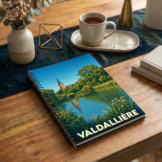 Carnet à spirales souvenir de la ville de Valdallière avec une illustration stylisée d'un paysage lacustre.