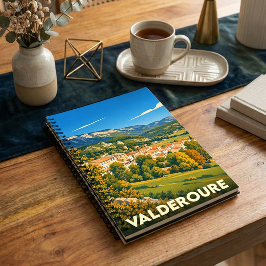 Carnet de notes à spirales souvenir de la ville de Valderoure avec une illustration paysagère stylisée.