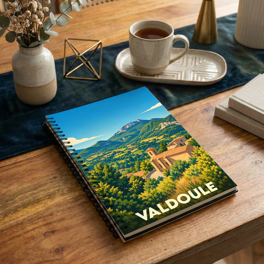Carnet à spirales souvenir de la ville de Valdoule avec une illustration stylisée de paysages montagneux.