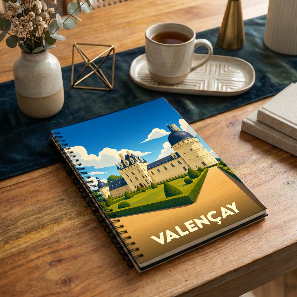 Carnet à spirales souvenir de la ville de Valençay avec une illustration stylisée de son château.